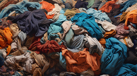 A pile of old clothes discarded in a landfill without recycling. ai generativeの素材