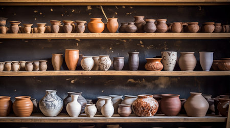 shelves with pottery in a pottery workshop. ai generativeの素材