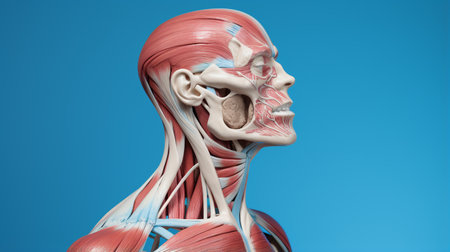 Structure of facial and shoulder muscles and tendons. Some muscles of human face in anatomy model.blue background. ai generativeの素材