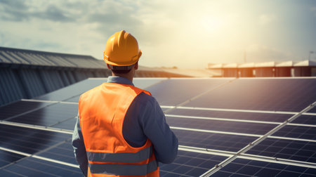 worker in a hard hat and vest, against the background of solar panels. ai generativeの素材