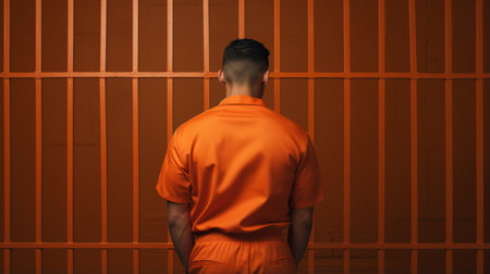 prisoner in an orange prison uniform against the backdrop of a prison. AI generativeの素材