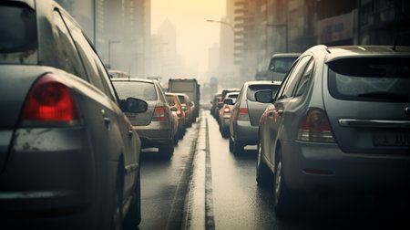 car stuck in traffic jam with visible exhaust fumes, air pollution problem. ai generativeの素材