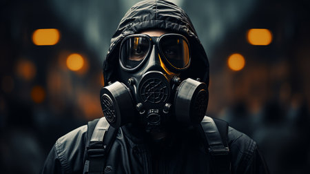 portrait of man wearing a gas mask for protection. ai generativeの素材