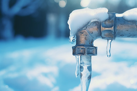 A frozen water pipe in winter, close-up, shallow depth of field. water tap covered with ice. ai generativeの素材