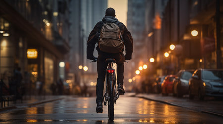 A cyclist rides through city streets, demonstrating an alternative and environmentally friendly form of transport. ai generativeの素材