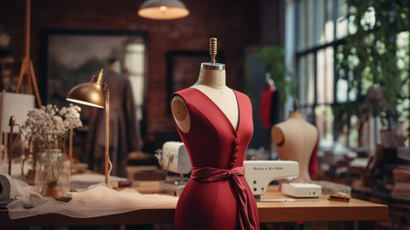 small business clothing designer workshop with various sewing products, fabrics and mannequins. generative aiの素材