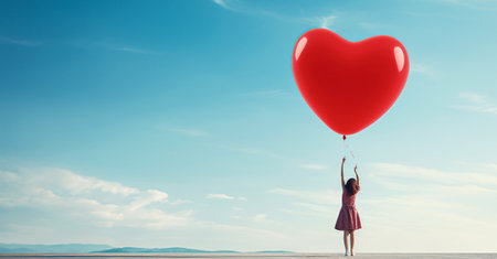 girl with a balloon in the shape of a red heart against a blue sky. ai generativeの素材