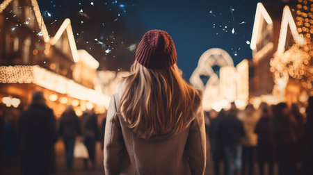 young girl against the backdrop of a Christmas market. ai generativeの素材