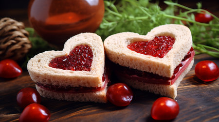 Two heart-shaped sandwiches with jam. ai generativeの素材