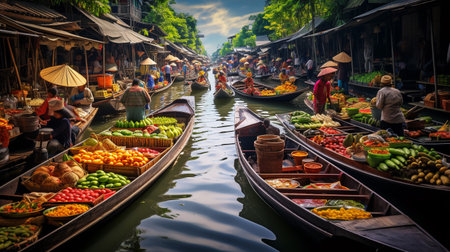 Floating market in Asia, boats with goods. ai generativeの素材