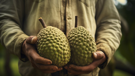Close-up partial view of a farmer holding organic soursop. ai generativeの素材