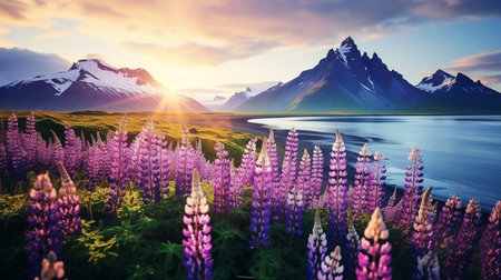 Blooming lupine flowers on the Stokksnes headland. ai generativeの素材