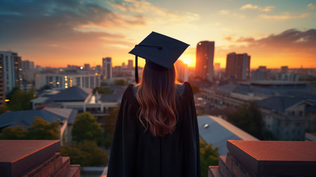 Graduated student girl in robe and hat looks into the future life after university standing on a rooftop at sunset time. ai generativeの素材
