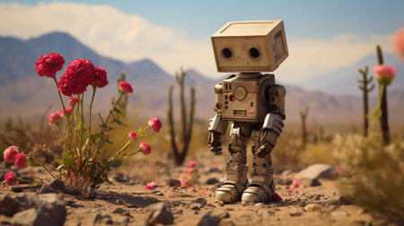 a robot standing next to flowers with desert background. ai generativeの素材