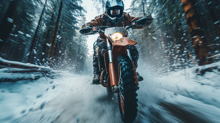 a motorcyclist on an motorcycle rides at high speed through a snowy winter forest. ai generativeの素材