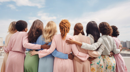 group of people from different races, dressed in vibrant clothes, hugging each other from behind on a sunny day, symbolizing the concept of support. ai generativeの素材