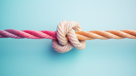 two ropes of different colors tied into a knot, pastel background. ai generativeの素材