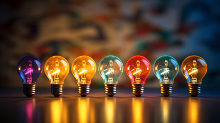 Colorful bulbs. Concept of different ideas. ai generativeの素材