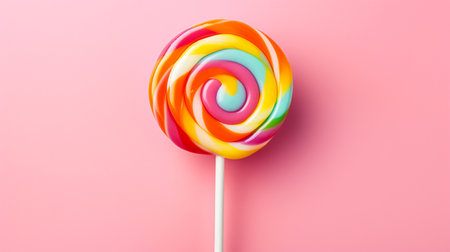 Rainbow Striped Candy Lollipop on Pink Background. ai generativeの素材