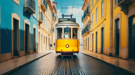Yellow tram moving past yellow building in Lisbon, Portugal. ai generativeの素材