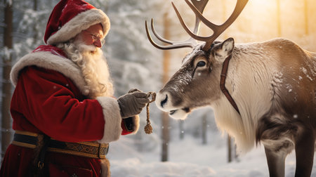 Santa Claus and Deer. in winter snowy background. New Year. ai generativeの素材