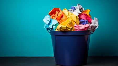 Various colored crumpled papers in a paper waste basket. ai generativeの素材