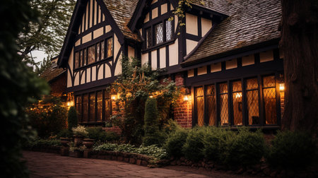 Timber frame house with garlands building exterior view through trees. ai generativeの素材