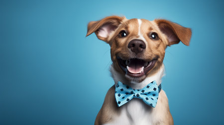 cheerful cute dog with a festive bow on his neck and confetti on a blue background. ai generativeの素材