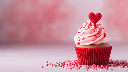 Delicious cupcake with a heart for Valentine's Day, copy space, ai generativeの素材