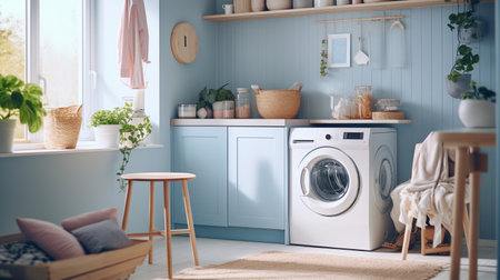 laundry room with washing machine interior in blue colors. ai generativeの素材