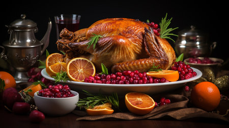 Roast turkey in the foreground on a festive table. ai generativeの素材