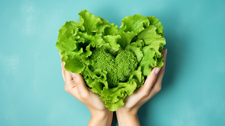 hands holding green salad leaves in the shape of a heart, concept of proper nutrition and diet. ai generativeの素材
