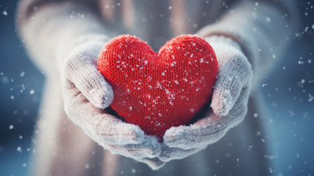 Female hands in knitted mittens with heart of snow in winter day. ai generativeの素材