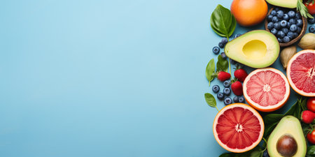 tomato, half avocado, garlic, blueberry, half grapefruit, leaves, lime. ai generativeの素材