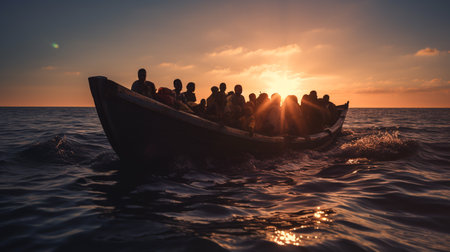 Refugees in a boat. ai generativeの素材