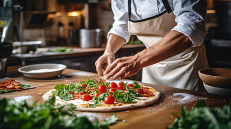 Male chef makes pizza in a restaurant. ai generativeの素材