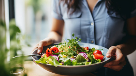 young woman holds salad in her hands during breakfast. ai generativeの素材