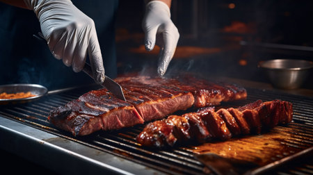 Grill restaurant kitchen. close up A chef in black cooking gloves uses a knife to cut smoked pork ribs. ai generativeの素材