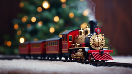 Toy train running around the Christmas tree, Christmas. ai generativeの素材