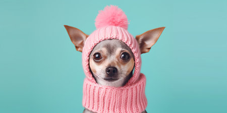 cute dog in a knitted scarf and hat, on a pastel background. ai generativeの素材