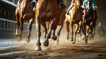 Close-up of legs of running horses, horse racing. ai generativeの素材