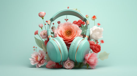 Creative concept of love for music with headphones and spring flowers. ai generativeの素材