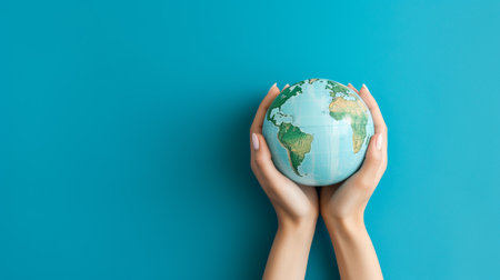 Earth globe in woman's hands on a blue background. ai generativeの素材