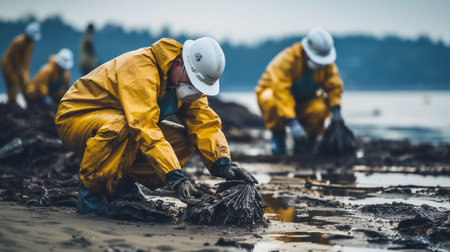 Workers in protective gear cleaning up oil spills. ai generativeの素材