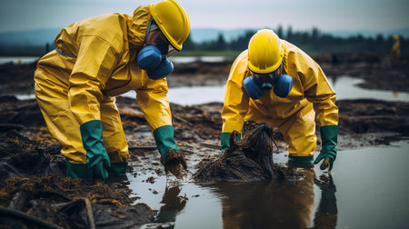 Workers in protective gear cleaning up oil spills. ai generativeの素材