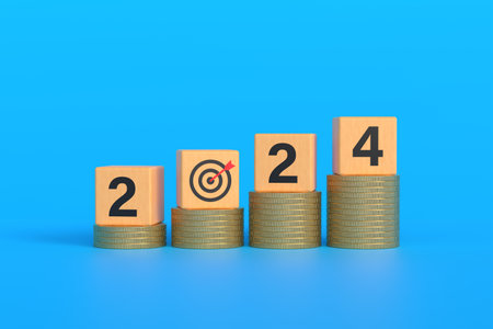 stacks of coins in the form of a growing graph and wooden cubes with numbers and a sign of an arrow hitting the target. happy new year 2024. new business goals, finances, budget. 3d renderingの写真素材