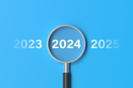 magnifying glass with 2024 among 2023 and 2025 to prepare and focus new business on new financial year concept. 3d renderingの写真素材