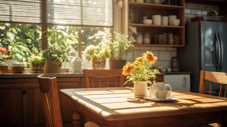 Wooden clean table in the kitchen, The sun shines through the window. ai generativeの素材
