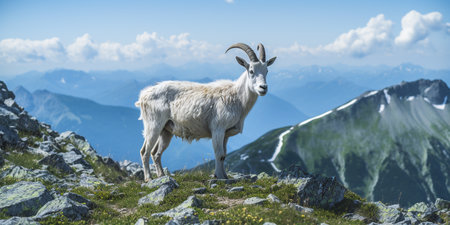 a mountain goat stands on the stones against the backdrop of nature. ai generativeの素材