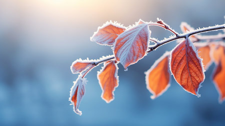 yellow autumn leaves on a frozen branch on a blue background. ai generativeの素材